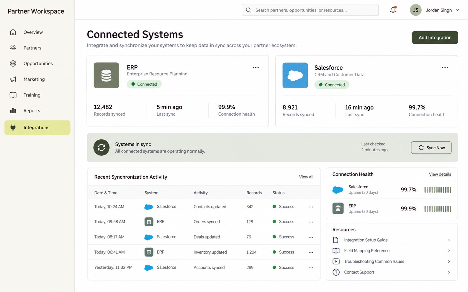 Connected systems portal showing ERP and Salesforce integration status