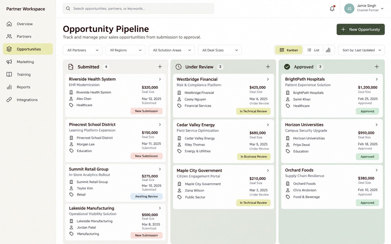 Opportunity Pipeline portal interface